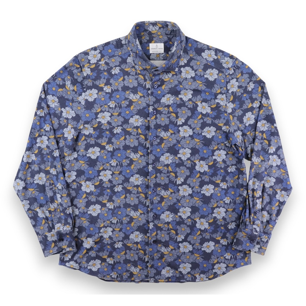 Emanuel Berg Button Down Shirt Mens XXL Blue Floral Jersey Knit Modern Fit
